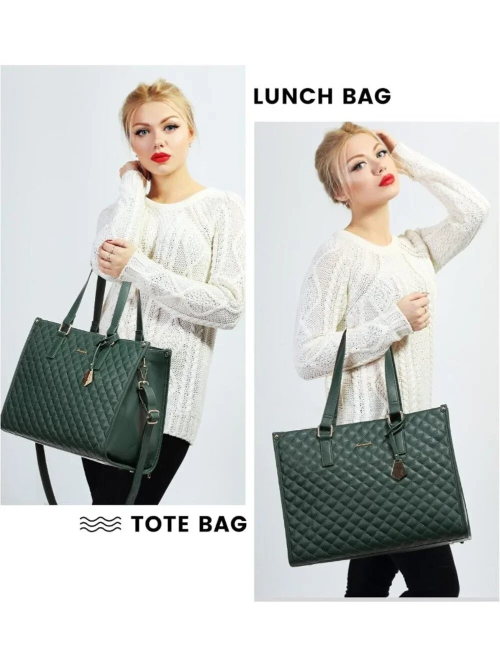 Stylish Insulated Lunch Tote & Laptop Bag for Women, Large Capacity, Green